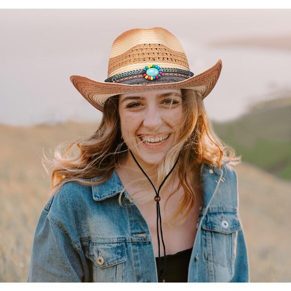 2226 Cowboy Cowgirl Straw Hat With Bands For Women- Western Wide Brim main image 5